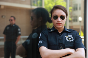 Police officer leaning against a wall